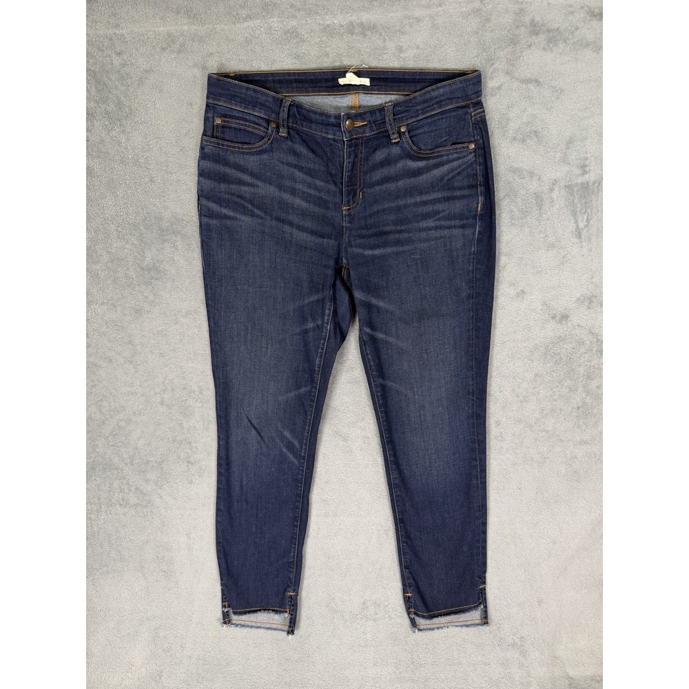 Eileen Fisher Jeans Womens 10 Blue High Rise Ankle Fringe Organic Cotton Stretch